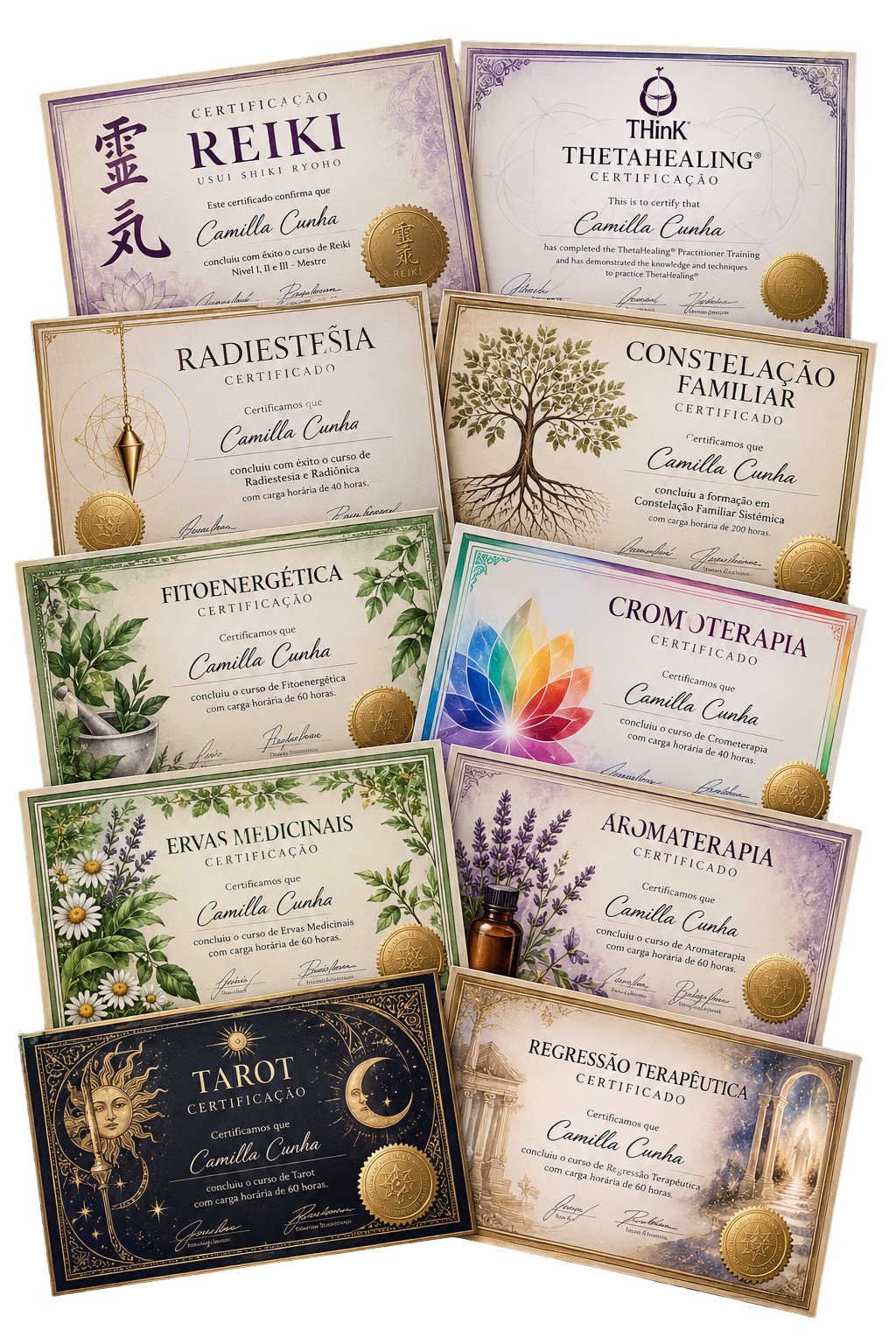 Certificados de formações e técnicas terapêuticas de Camilla Cunha