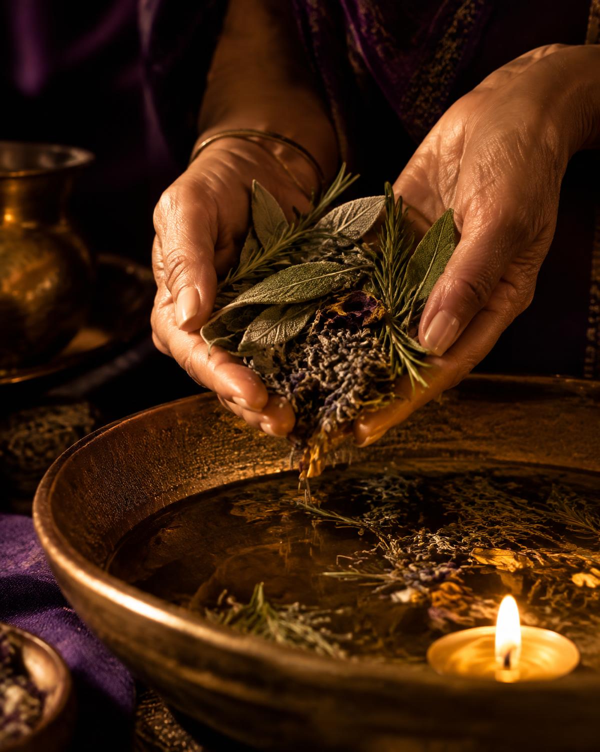 Mãos segurando ervas sobre uma bacia de água com vela acesa
