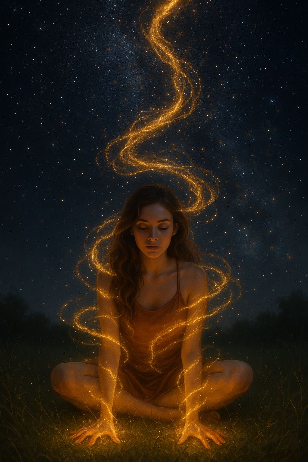 Mulher sentada sob o céu estrelado envolta por uma espiral de luz