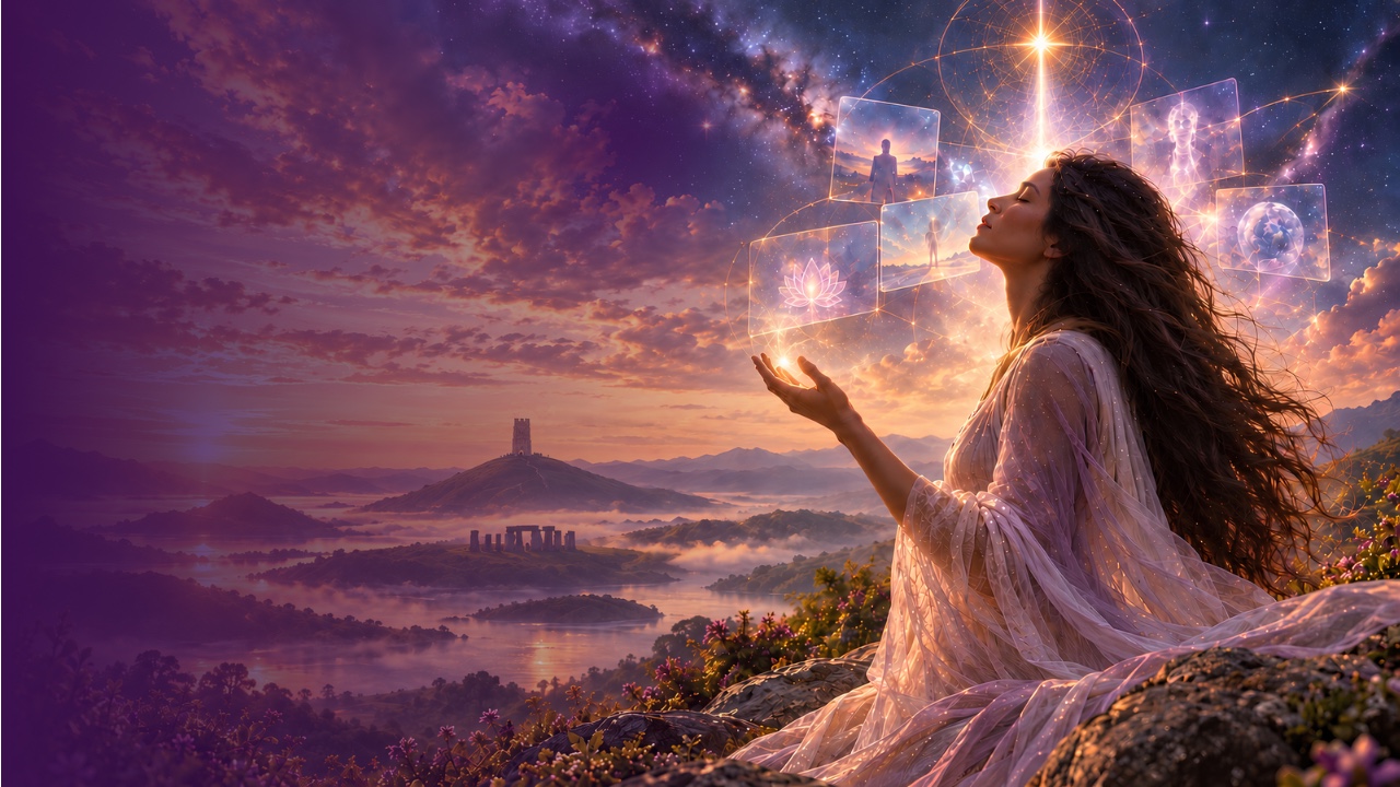 Mulher em campo aberto ao amanhecer, envolta em luz